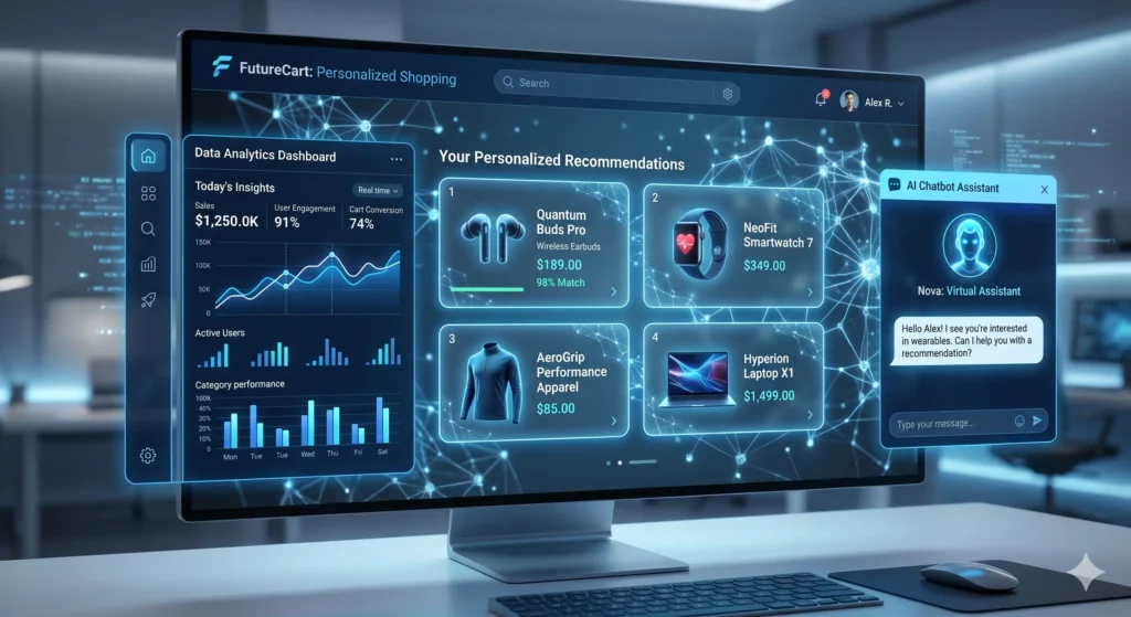 AI-powered ecommerce shopping experience showing personalized recommendations and chatbot