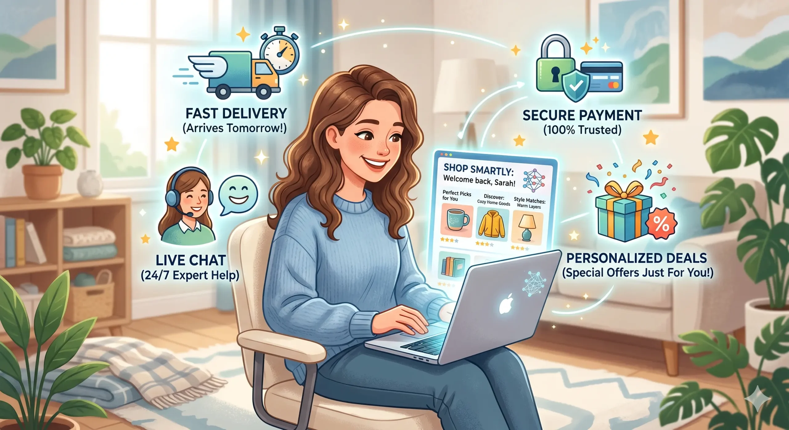 Happy online shopper benefiting from AI-powered ecommerce personalization and smart recommendations