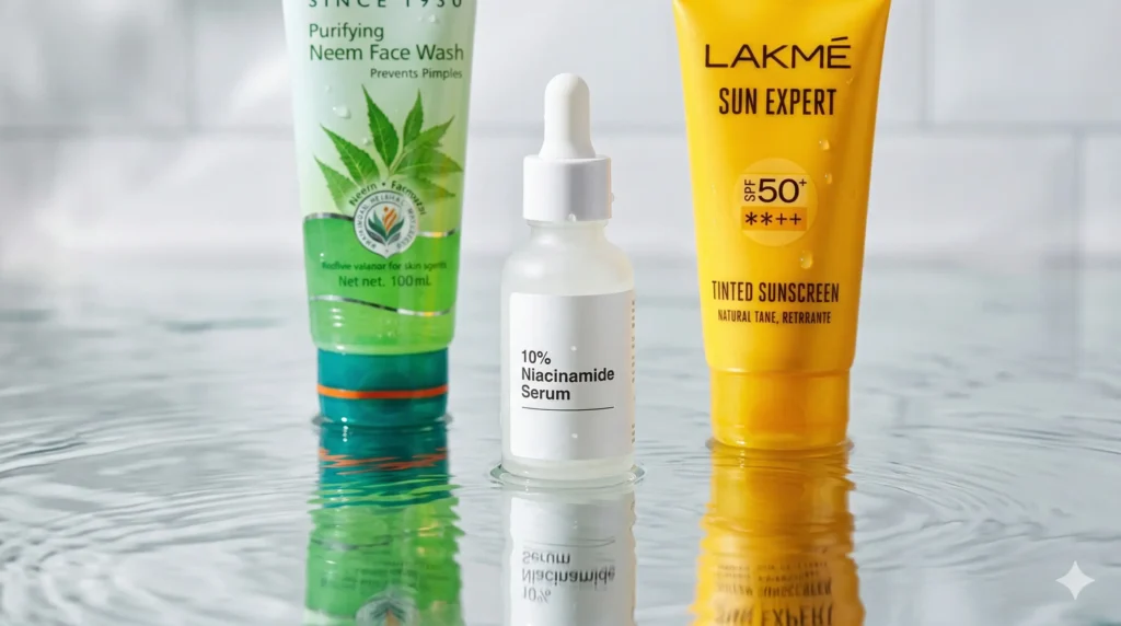 Best skincare products under ₹500 on Amazon India — niacinamide serum, SPF sunscreen, neem face wash