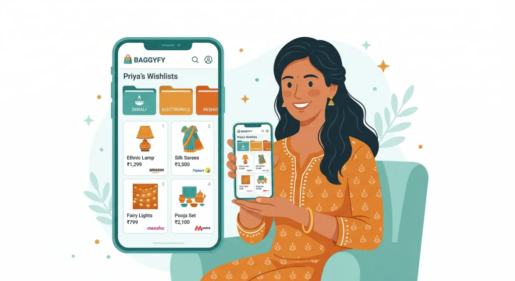 Indian woman using Baggyfy organised shopping wishlist across Amazon Flipkart Meesho and Myntra