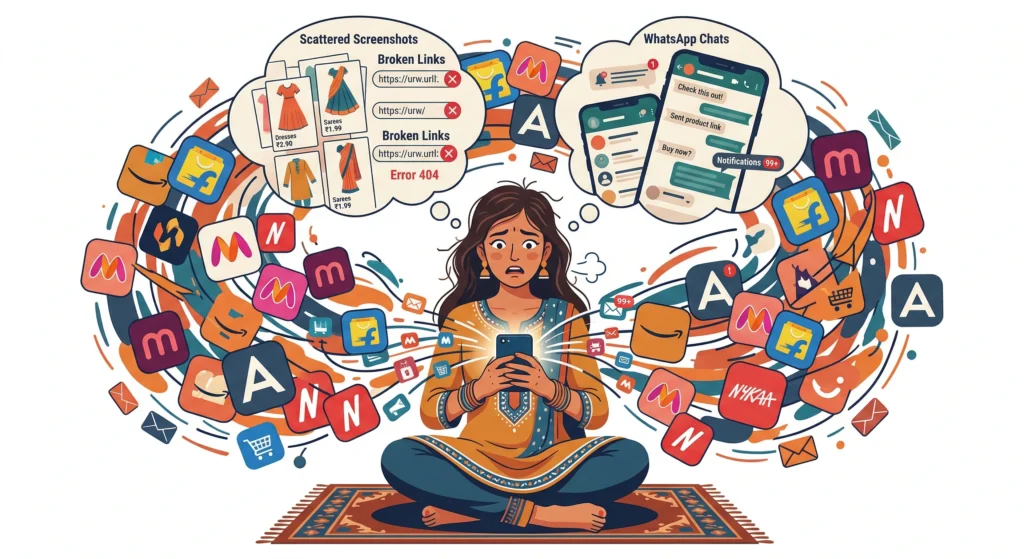 Indian woman overwhelmed by shopping across multiple apps like Amazon Flipkart Meesho Myntra