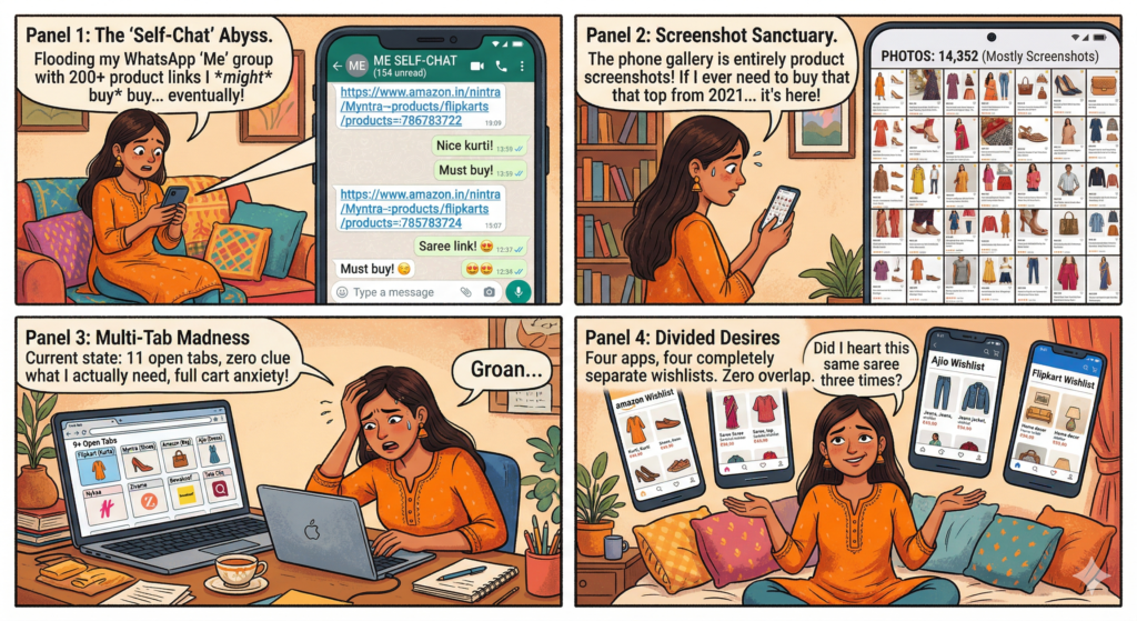 Indian shopper struggling with WhatsApp links screenshots browser tabs and multiple app wishlists