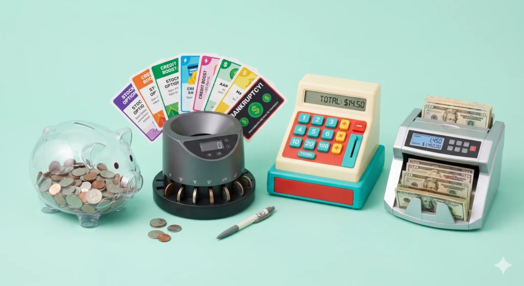 Best adult money toys 2025 flat lay piggy bank, coin sorter, money counter gadgets on mint background