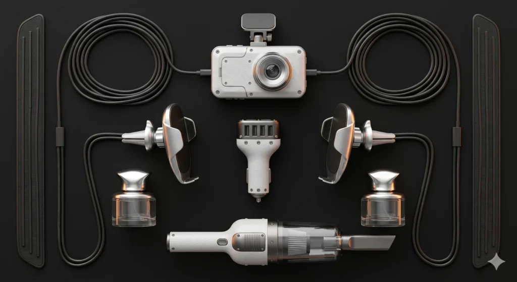 A perfectly symmetrical top-down flat lay of premium car accessories on a matte black surface. Items include a textured white dashcam with silver trim and coiled cables, two matching car vent-mount phone holders, a four-port USB car charger, a portable textured white vacuum, two elegant glass car cologne bottles with silver caps, and two long black textured door guards, all outlined by a warm orange glow