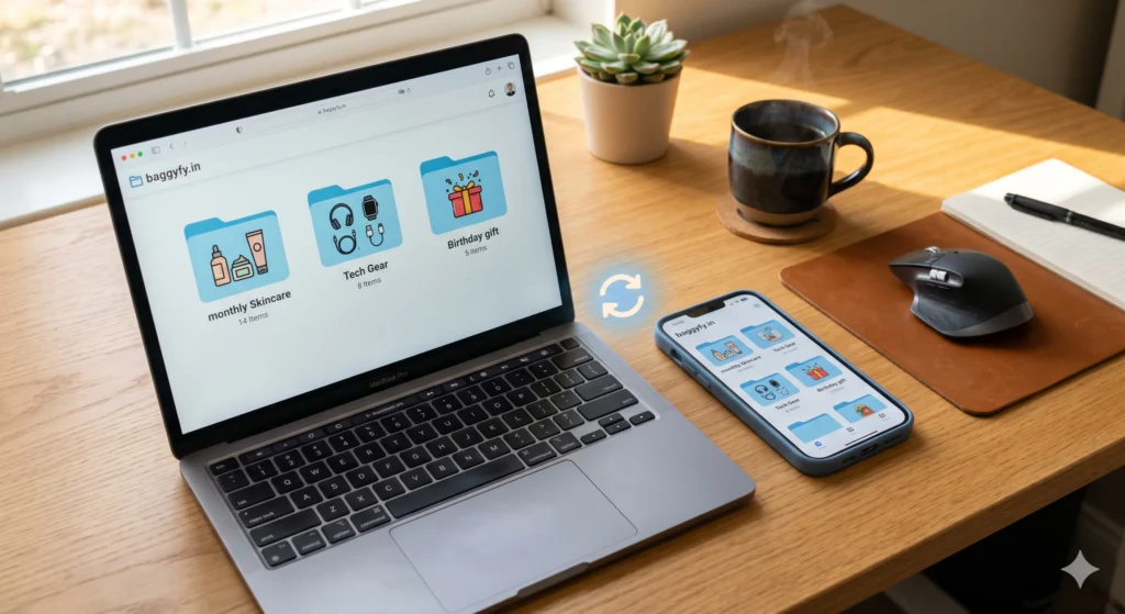 Baggyfy interface displayed on a laptop and smartphone, showcasing beautifully categorized smart folders syncing seamlessly across devices.