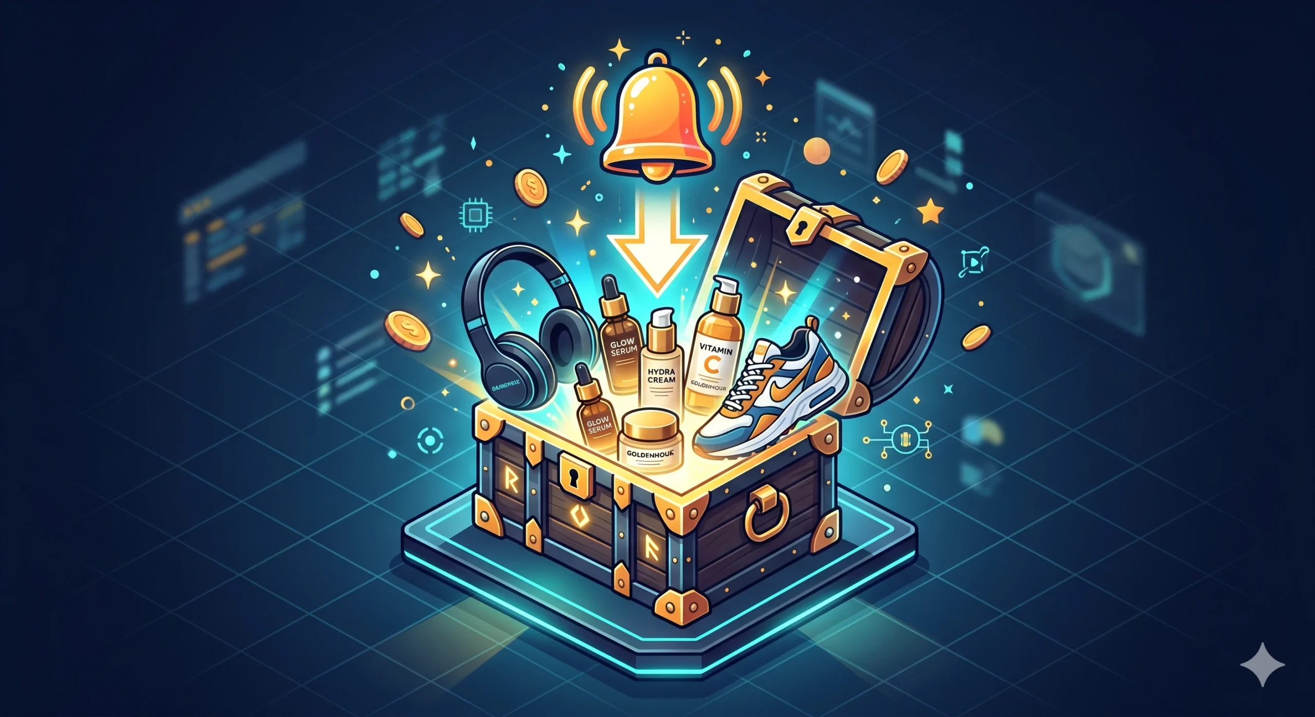 A notification bell alerting a shopper to a price drop on premium curated items like headphones and skincare products.