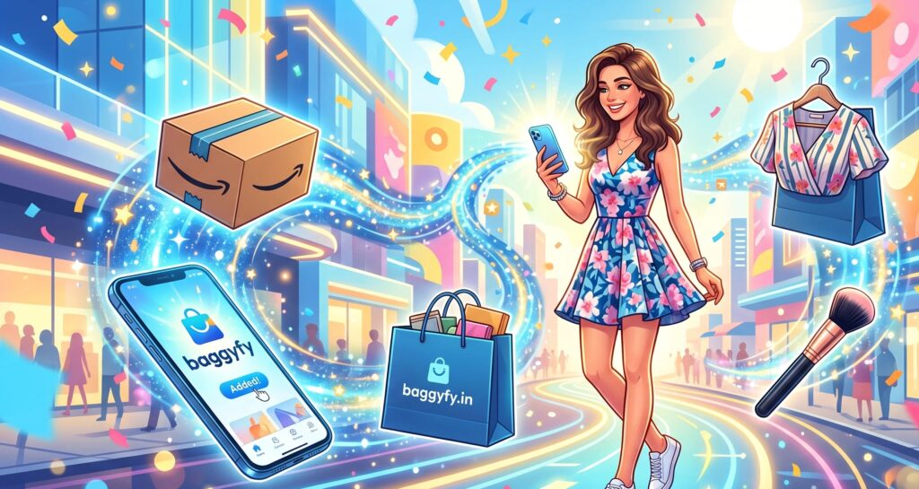 A confident smart shopper effortlessly organizing their digital cart and wishlist across multiple online retail categories using a smartphone.