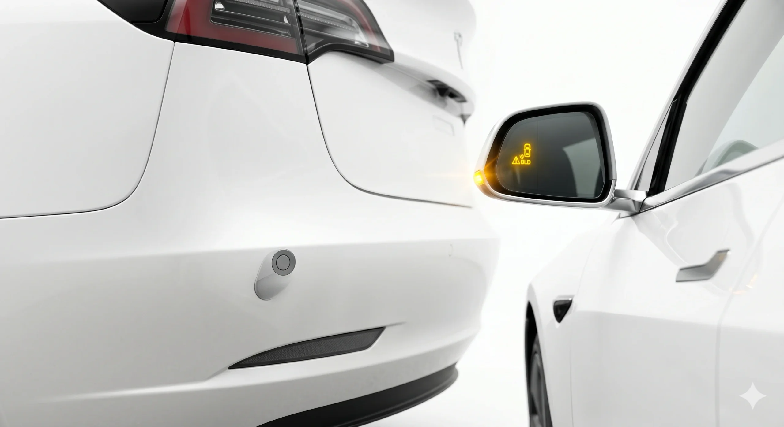 A detailed close-up image of two white Tesla electric vehicles. The left side shows the rear bumper and quarter panel of a white car with an integrated ultrasonic parking sensor clearly visible. The right side shows the side-view mirror of another white car with a glowing yellow blind-spot monitor warning icon (a car and triangle) active within the mirror glass.