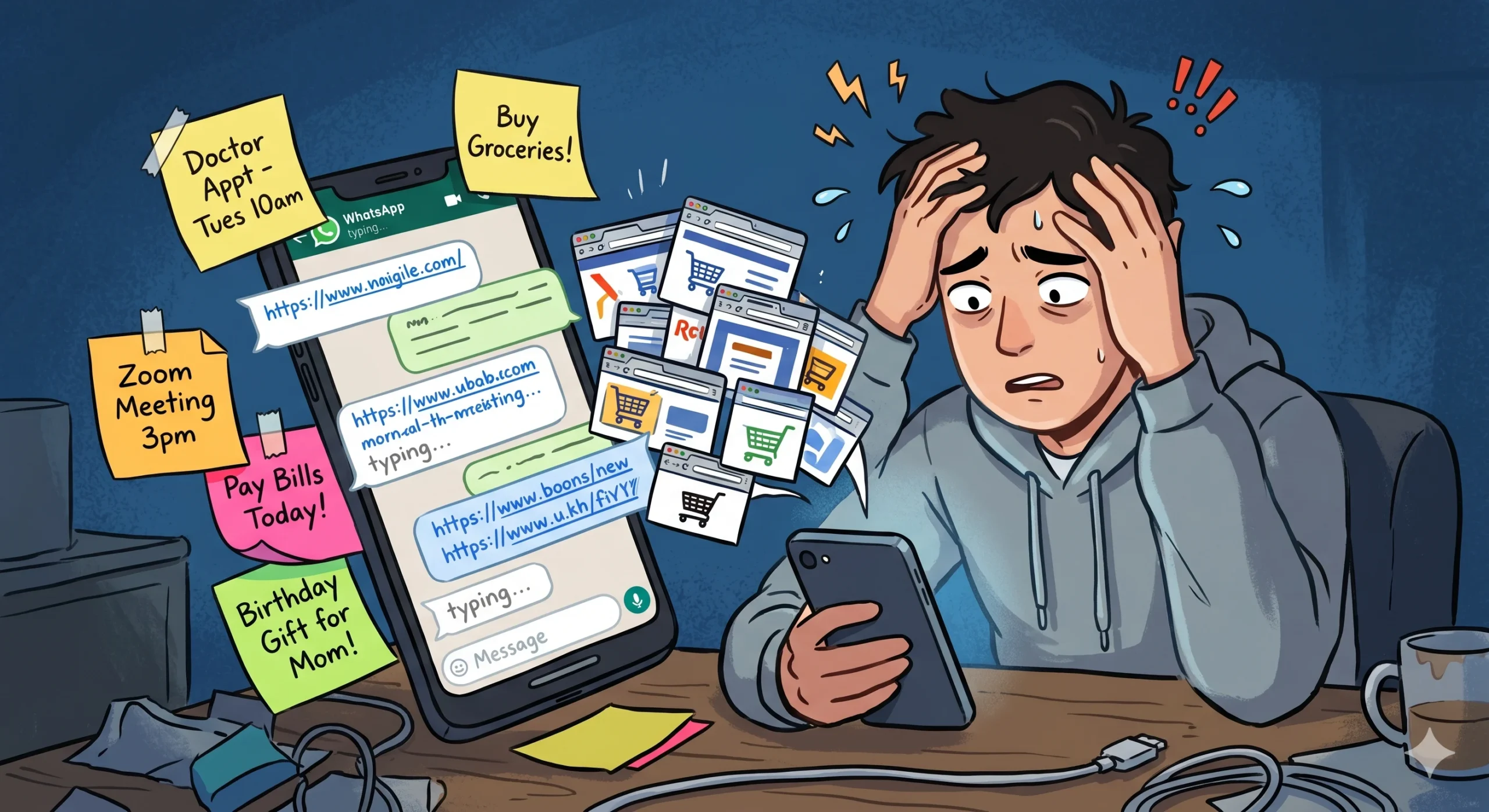 A stressed shopper overwhelmed by chaotic product URLs saved randomly in WhatsApp chats, notes, and browser tabs.