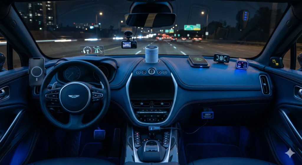 Detailed interior view of an Aston Martin DBX cockpit at night, showcasing multiple connected car gadgets: magnetic phone mount, dash cam, smart speaker, wireless charger, OBDII scanner, and central screen, driving on a highway with blurred city lights.