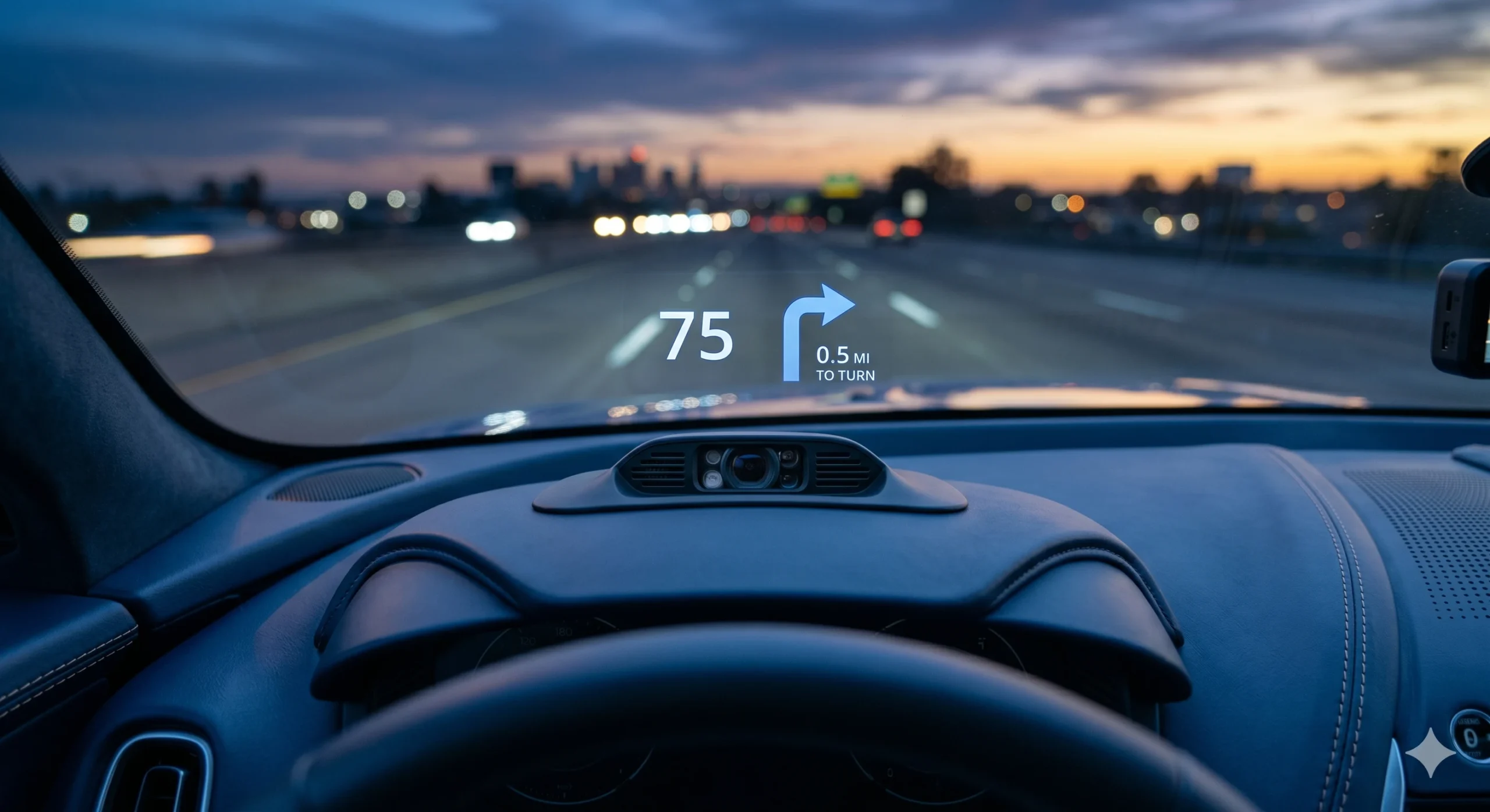 A sleek car HUD projector mounted on a matte-black dashboard, projecting a digital speedometer reading 75 and a right-turn navigation arrow onto the windshield during a dusk highway drive.