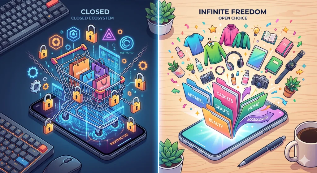 Illustration comparing the closed ecosystem of Google Universal Cart with the open, unrestricted smart folder organization of Baggyfy across different devices.