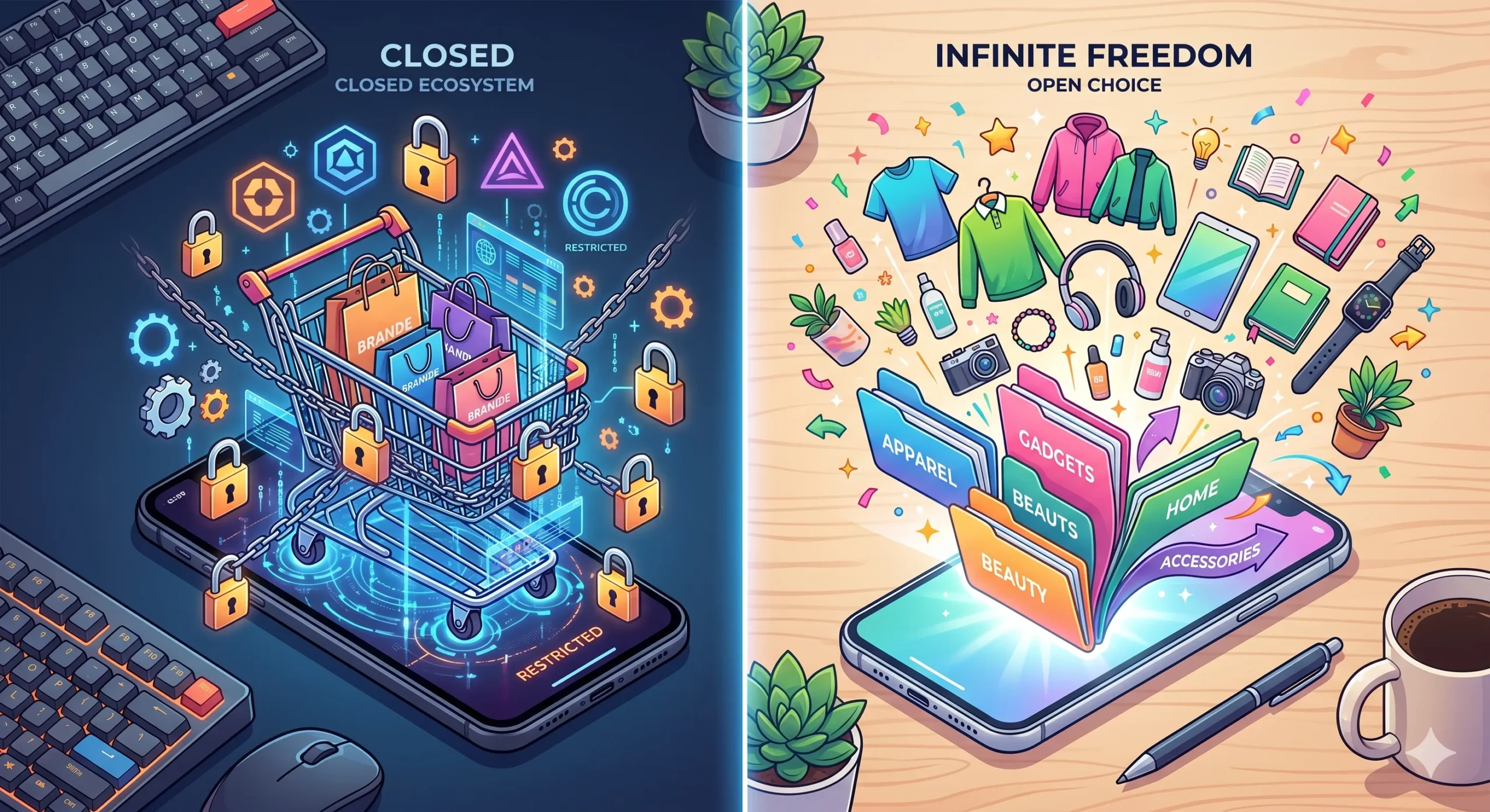 Illustration comparing the closed ecosystem of Google Universal Cart with the open, unrestricted smart folder organization of Baggyfy across different devices.