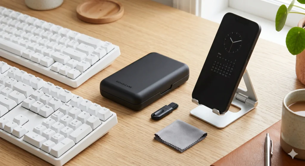 Portronics 8 in 1 gadget cleaning kit and a foldable phone stand on a modern desk.