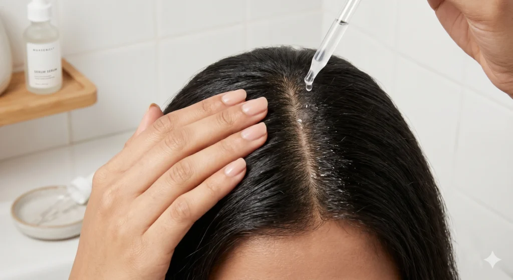 Aesthetic macro close-up of a human scalp parting showing the absorption of different hair growth serums.