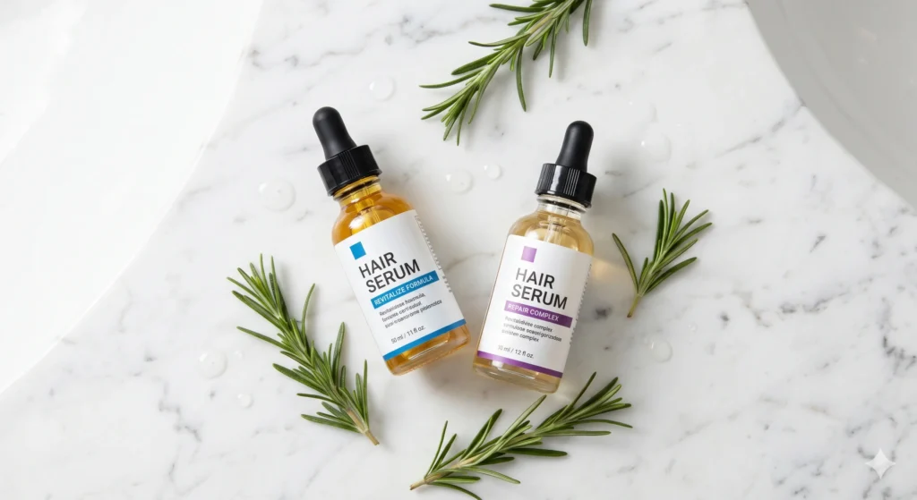 Bare Anatomy and Plum hair growth serum bottles side by side on a white marble counter.