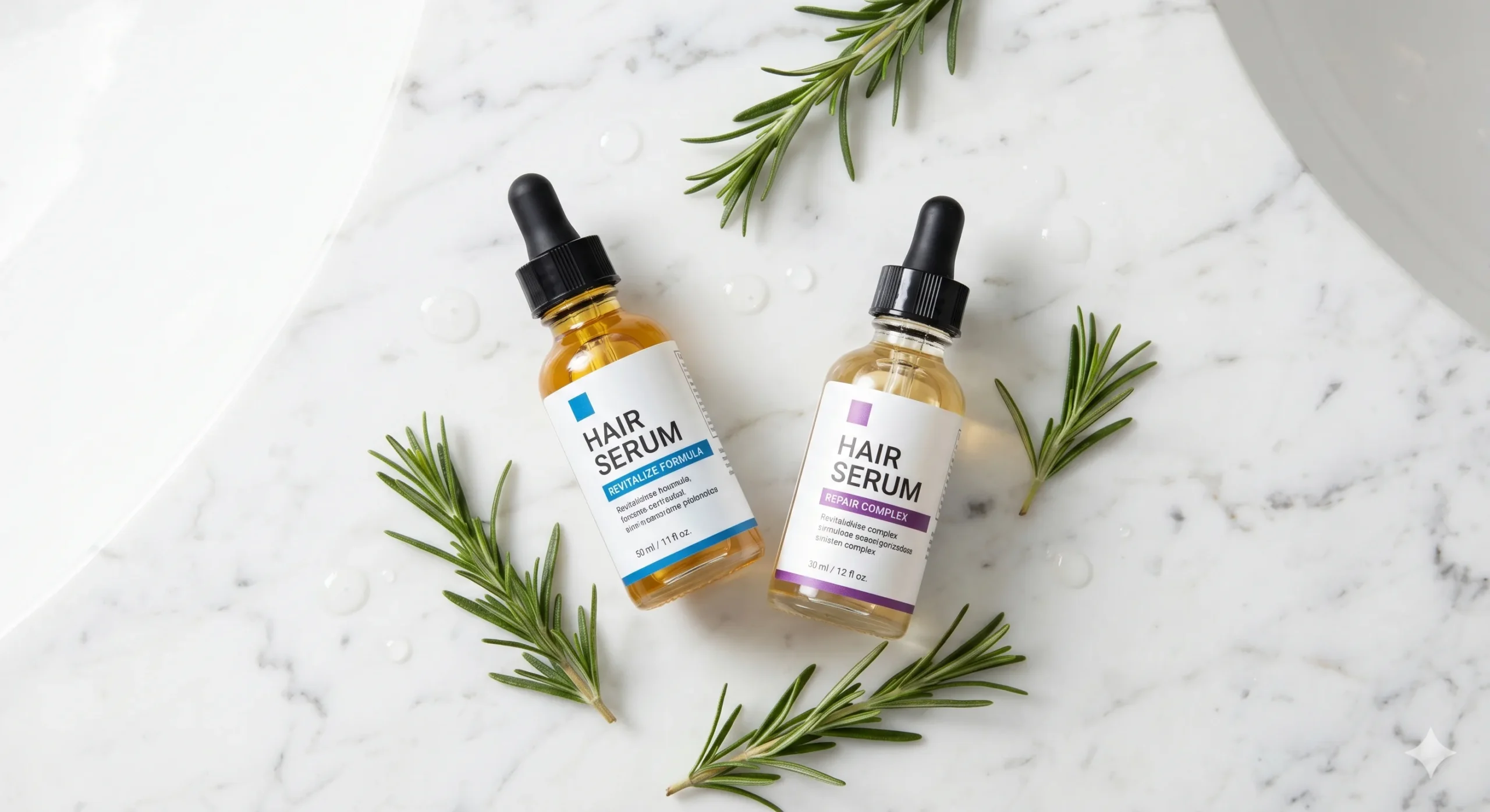 Bare Anatomy and Plum hair growth serum bottles side by side on a white marble counter.