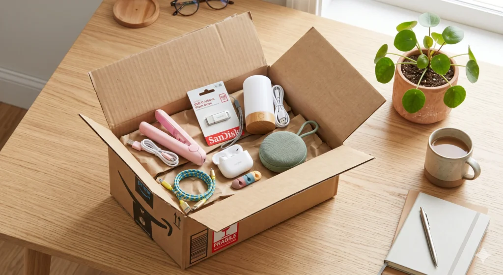A collection of affordable and useful Amazon hidden gem gadgets unboxed on a wooden desk.