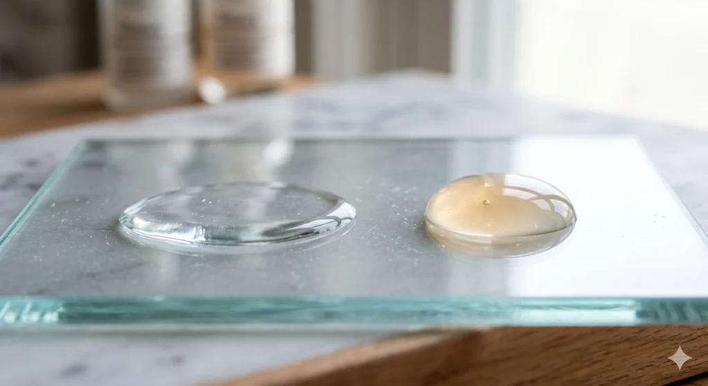 Close up texture comparison showing the watery consistency of Bare Anatomy versus the slightly thicker Plum hair serum.