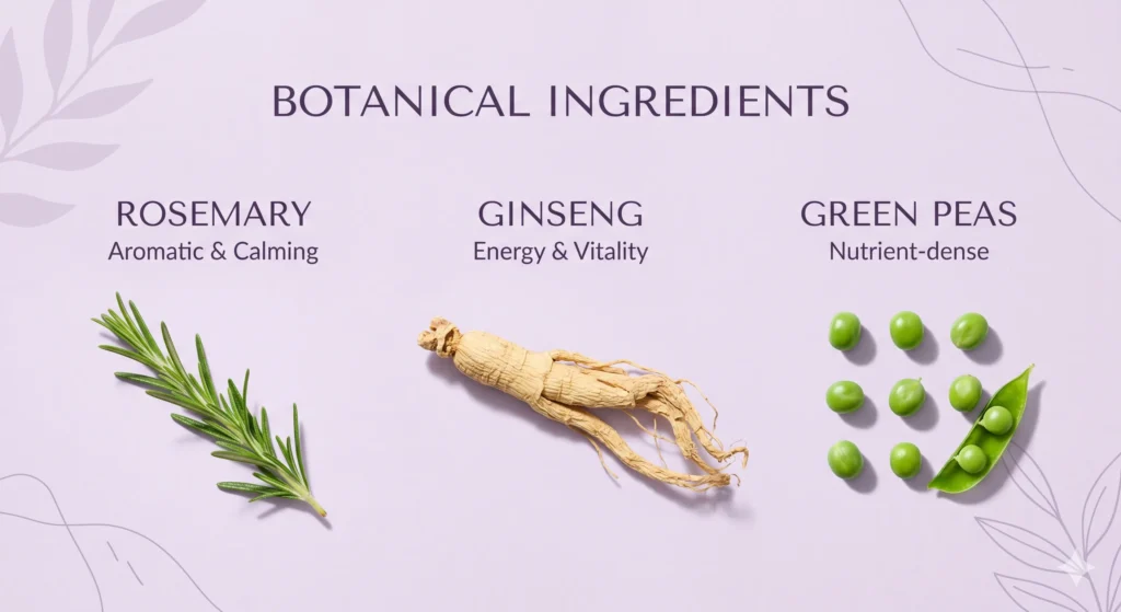 Botanical ingredients used in hair growth serums including rosemary, ginseng, and pea sprout extract.