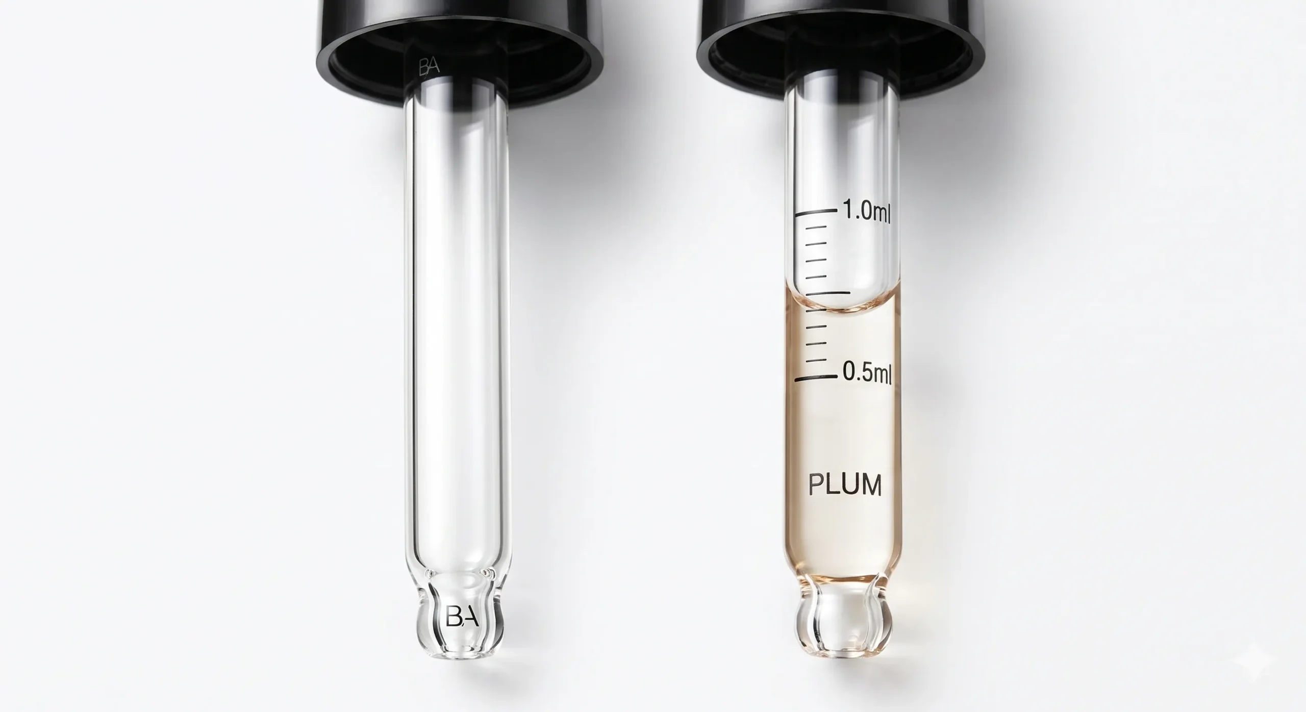Macro comparison shot showing the plain Bare Anatomy dropper alongside the marked Plum dropper with measurement lines.