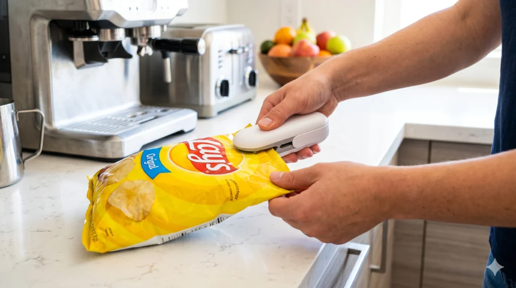 A person using a portable mini heat sealing machine on a snack bag in the kitchen.