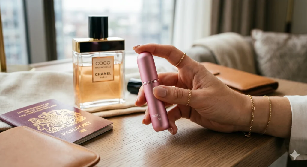 A colorful 5ml travel perfume atomizer held in a hand next to a passport.