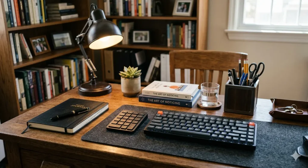 An overhead photograph of a well-organized wooden desk in a home library. On the desk are a dark grey mechanical keyboard and a matching numeric keypad on a grey felt mat. To the left is a black hardbound journal with a pen. In the center are a succulent and two copies of the book "The Art of Noticing." To the right are a glass of water and a wooden pen holder with various writing instruments. An articulated desk lamp provides warm light against a background of bookshelves.