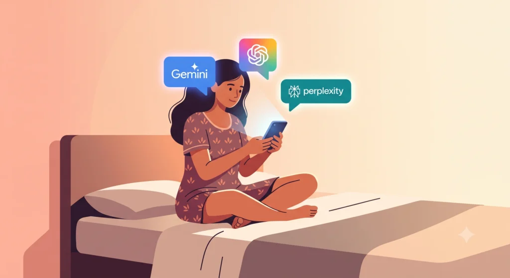 Person comparing ChatGPT vs Gemini vs Perplexity for online shopping on phone