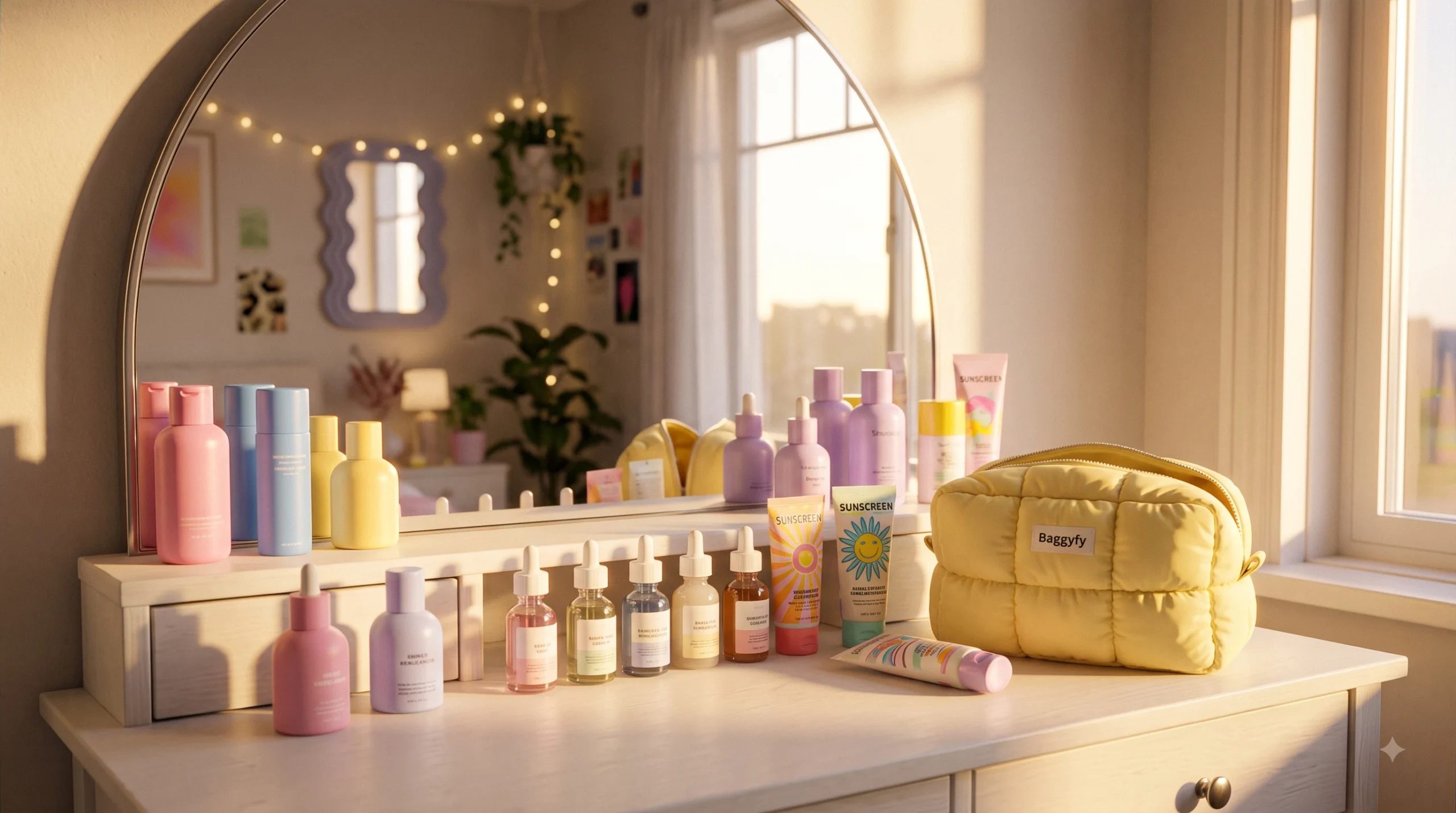 Aesthetic Gen Z skincare vanity setup with colorful serum bottles, sunscreens, and a puffy Baggyfy pouch in golden hour light.
