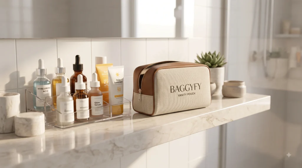Organized skincare vanity displaying dermatologist recommended products in India