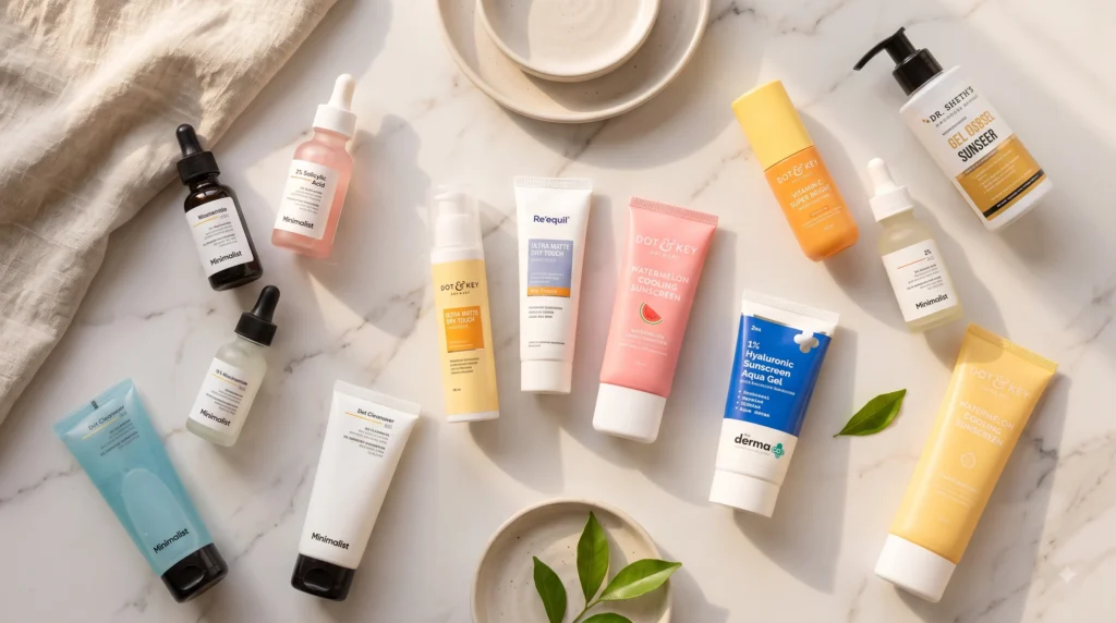 Top skin care brands in India serum bottles and sunscreens arranged on marble