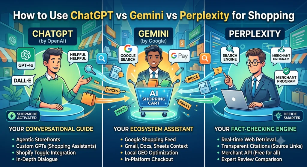 A detailed infographic comparing ChatGPT, Google Gemini, and Perplexity for shopping. The illustration is split into three vertical sections with characters and stations. It shows a central, shared glowing 'AI SHOPPING CART' with connecting arrows and data streams. Key strengths are listed for each: 'CHATGPT (YOUR CONVERSATIONAL GUIDE)' has 'GPT-4o,' 'DALL-E,' 'Agentic Storefronts,' and 'Conversational Q&A.' 'GEMINI (YOUR ECOSYSTEM ASSISTANT)' has 'GOOGLE SEARCH,' 'G PAY,' 'Google Shopping Feed,' and 'Local GEO Optimization.' 'PERPLEXITY (YOUR FACT-CHECKING ENGINE)' has 'SEARCH ENGINE,' 'MERCHANT PROGRAM,' 'Real-time Web Retrieval,' and 'Transparent Citations.' The background is a bustling digital marketplace.