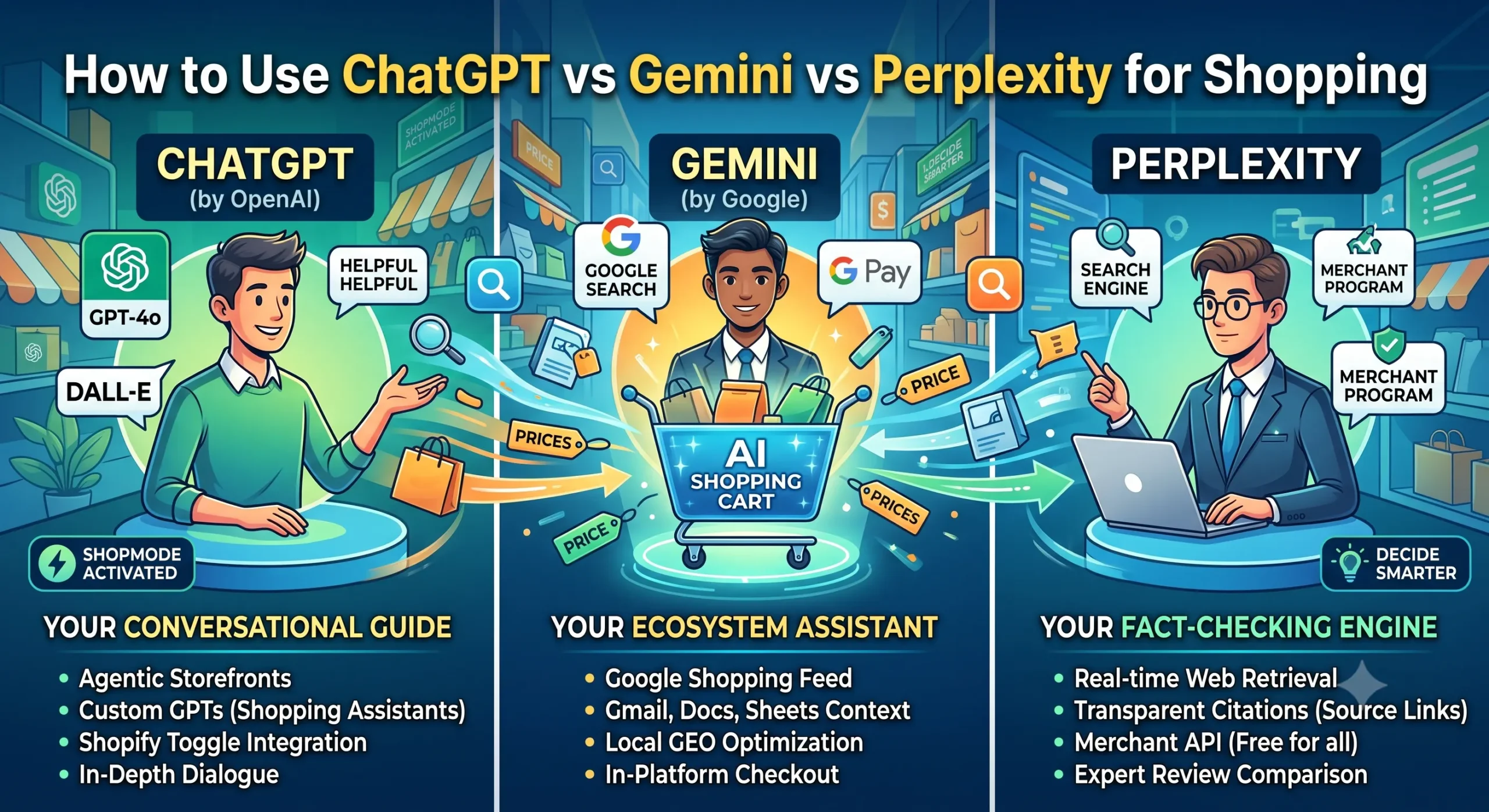 A detailed infographic comparing ChatGPT, Google Gemini, and Perplexity for shopping. The illustration is split into three vertical sections with characters and stations. It shows a central, shared glowing 'AI SHOPPING CART' with connecting arrows and data streams. Key strengths are listed for each: 'CHATGPT (YOUR CONVERSATIONAL GUIDE)' has 'GPT-4o,' 'DALL-E,' 'Agentic Storefronts,' and 'Conversational Q&A.' 'GEMINI (YOUR ECOSYSTEM ASSISTANT)' has 'GOOGLE SEARCH,' 'G PAY,' 'Google Shopping Feed,' and 'Local GEO Optimization.' 'PERPLEXITY (YOUR FACT-CHECKING ENGINE)' has 'SEARCH ENGINE,' 'MERCHANT PROGRAM,' 'Real-time Web Retrieval,' and 'Transparent Citations.' The background is a bustling digital marketplace.