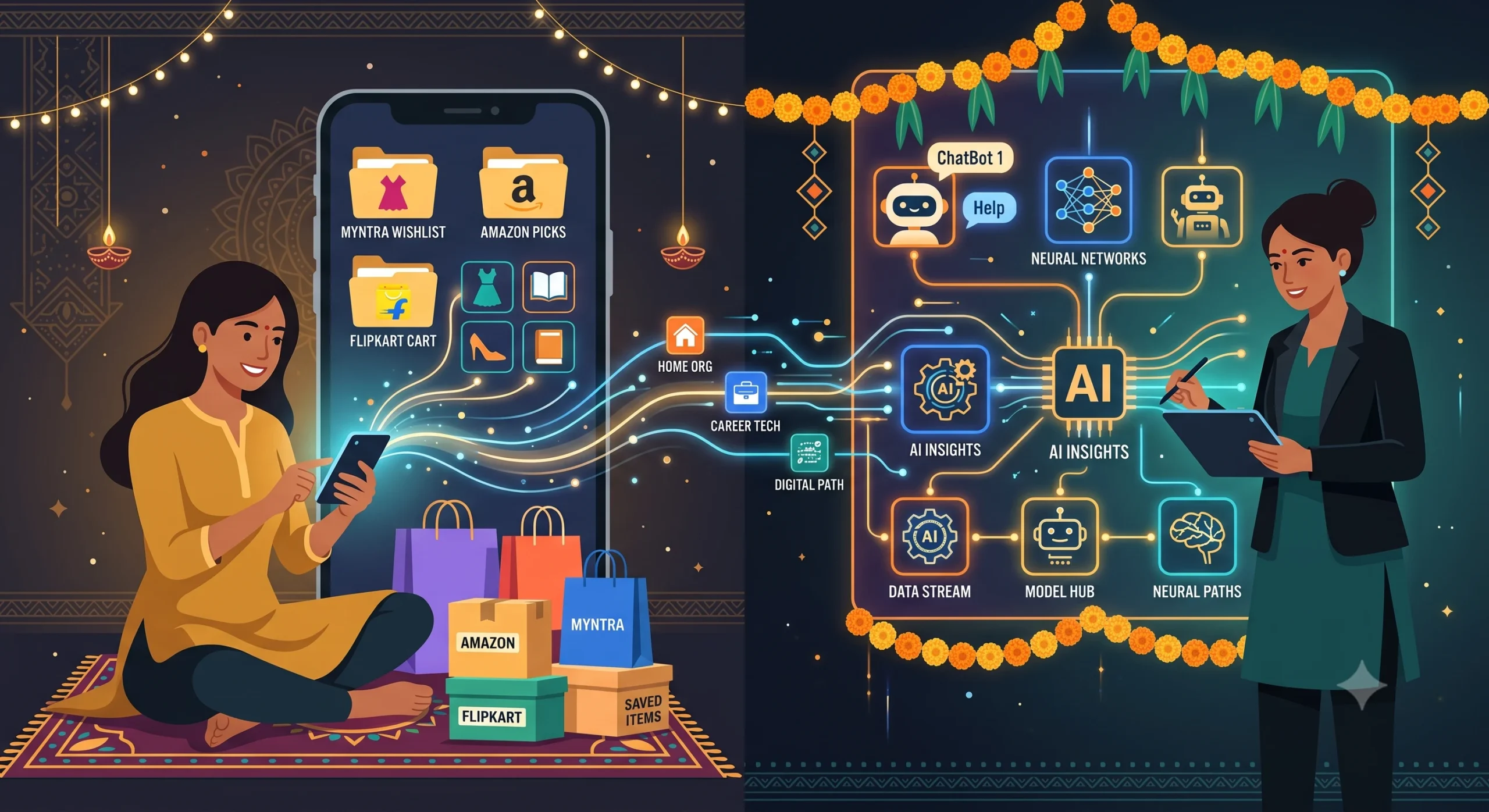 Split-screen illustration of an Indian woman organizing online shopping folders on Baggyfy and exploring smart technology tools on AI Fiesta.