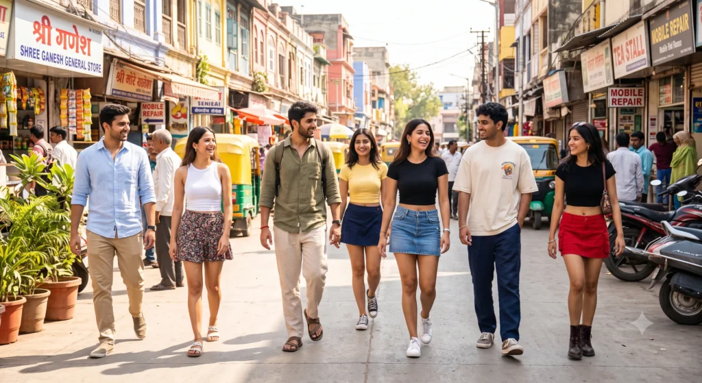 Young adults walking outdoors wearing comfortable, breathable summer clothing in India.