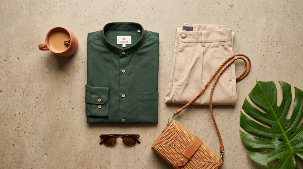 Flat lay arrangement of a green cotton shirt and beige pants representing independent D2C Indian clothing brands.
