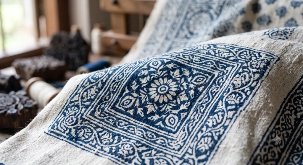 Close-up texture of breathable hand-block printed pure cotton fabric.