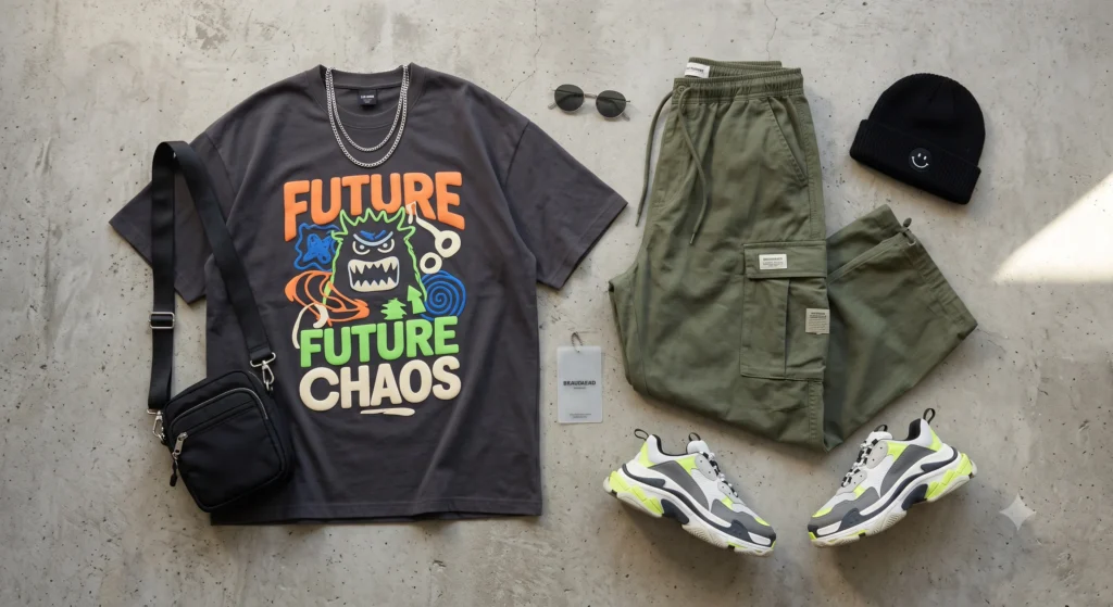 Top-down view of a Gen-Z streetwear outfit including an oversized t-shirt and cargo pants.
